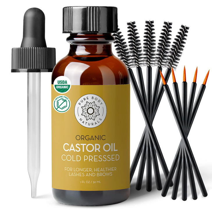 Pure Body Naturals Castor Oil for Eyelashes and Eyebrows - 1 Fl Oz Nourishing Brow & Lash Growth Serum - Organic, Hexane Free, Cold Pressed, Unrefine