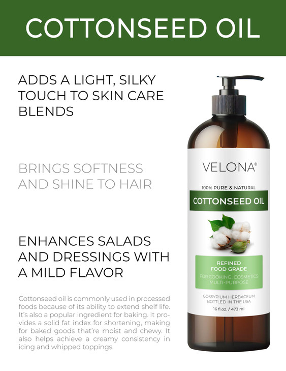 velona Cotton Seed Oil 8 fl oz | 100% Pure and Natural Carrier Oil | Refined, Cold pressed | Cooking, Skin, Face, Body, Hair Care | Use Today - Enjoy