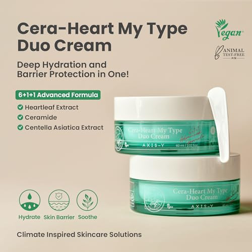 AXIS-Y Cera-Heart My Type Duo Cream with Heartleaf & Ceramide - Redness Relief & Moisture Skin Barrier Repair - Vegan Korean Skin Care Moisturizer Fa