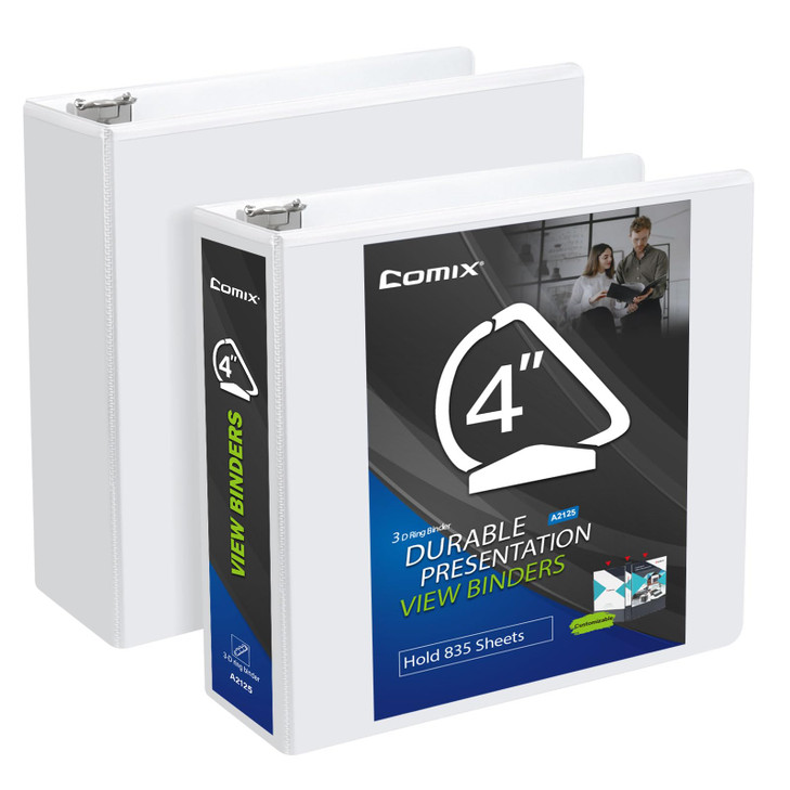 Comix Durable 3 Ring Binder, 4 inch D Ring Binders, Hold 835 Sheets of US Letter Size Paper, 2 Pack (White)