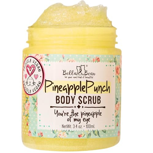Bella & Bear Pineapple Body Scrub Exfoliator  Vegan Sugar Scrub, Travel Size 3.4 oz, Fresh Pineapple Scent