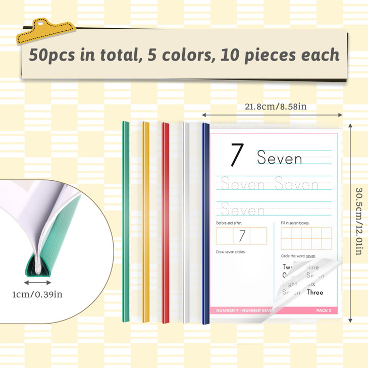 50 Pack Clear Report Covers with Sliding Bars 70 Sheet Capacity 9mm Transparent Resume Folders Binding Bars for Documents File Report Paper