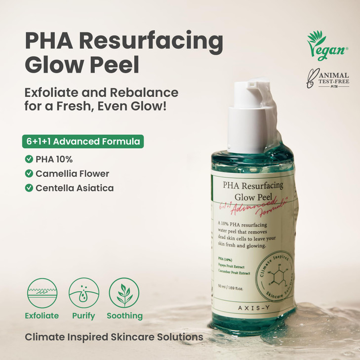 AXIS-Y PHA Resurfacing Glow Peel - 10% PHA Fruit Extract Mild Peeling Gel Exfoliator Pore Minimizer for Face - Vegan Korean Skin Care Glass Skin Face