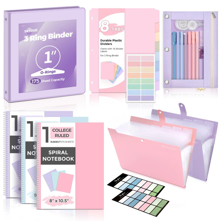 SKYDUE School Supplies Set  1" 3-Ring Binder, 2 Expanding File Folders, 3 Spiral Notebooks, 8 Tab Dividers & Pencil Pouch  Cute Stationery for High