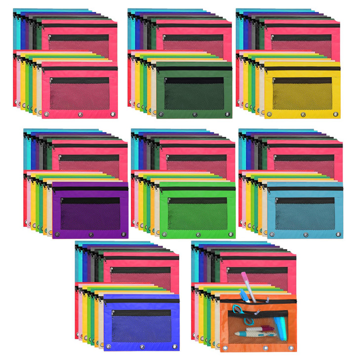 LECEHIVO 64 Pcs Pencil Pouch for 3 Ring Binder 16 Colors Zippered Pencil Pouch Bags Bulk Binder Pencil Case with Clear Window for Classroom School an