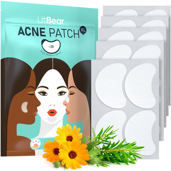 LitBear Acne Patches Large, Hydrocolloid Pimple Patches for Breakouts, Zit and Blemish, Large Acne Patches for Face, Chin, Back and Body with Tea Tre