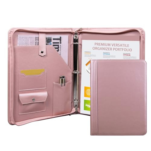 Pink Vegan Leather Portfolio for Women,3 Ring Pink Portfolio Binder,Workfolio A4 Notebook/Letter Size Padfolio,Interview Binder,Resume Portfolio Fold