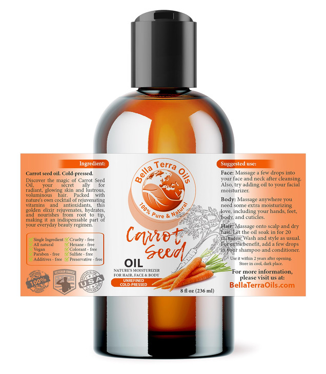 Bella Terra Oils - Organic Carrot Seed Oil 8 oz - Unveiling Organic Carrot's Enzymes & Nutritional Benefits, A Cold-Pressed Delight for a Natural Ski