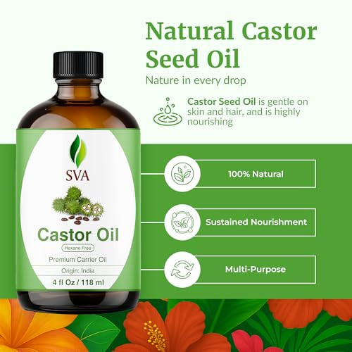 SVA Castor Seed Oil - 4 Fl Oz  100% Natural Cold Pressed Castor Oil - for Face, Skin Care, Hair Care, Scalp Massage & Body Massage  Carrier Oil wit