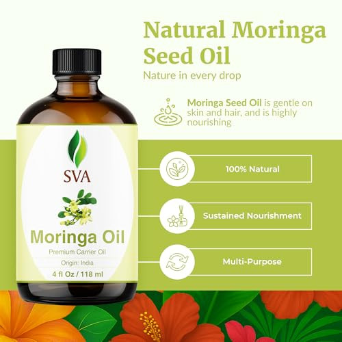 SVA Moringa Seed Oil - 4 Fl Oz  100% Natural Cold Pressed Moringa Oil - for Face, Skin Care, Hair Care, Scalp Massage & Body Massage  Carrier Oil w