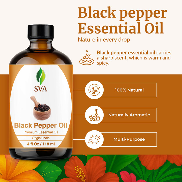 SVA Black Pepper Essential Oil  4 Fl Oz  100% Natural Black Pepper Oil - for Diffuser, Hair Care, Face, Skin Care, Aromatherapy, Scalp and Body Mas