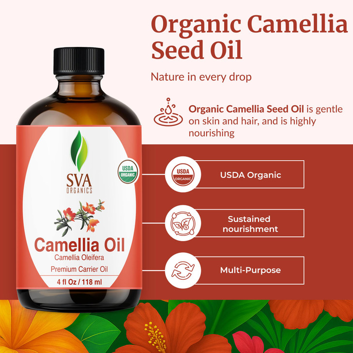 SVA Camellia Seed Oil Organic - 4 Fl Oz  100% Natural Cold Pressed Organic Camellia Oil - for Face, Skin Care, Hair Care, Scalp Massage & Body Massa