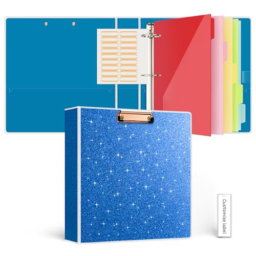 EYROZILL 1 Inch 3 Ring Binder with 5 Color Tab Dividers and Clipboards, Glitter Round Ring Binder with Pockets, Office Binder Organizer