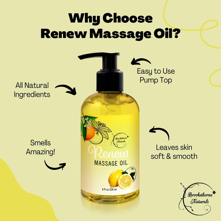Renew Massage Oil with Orange, Lemon & Peppermint Essential Oils - Great for Massage Therapy or Home use. Ideal for Full Body  with Almond, Grapesee