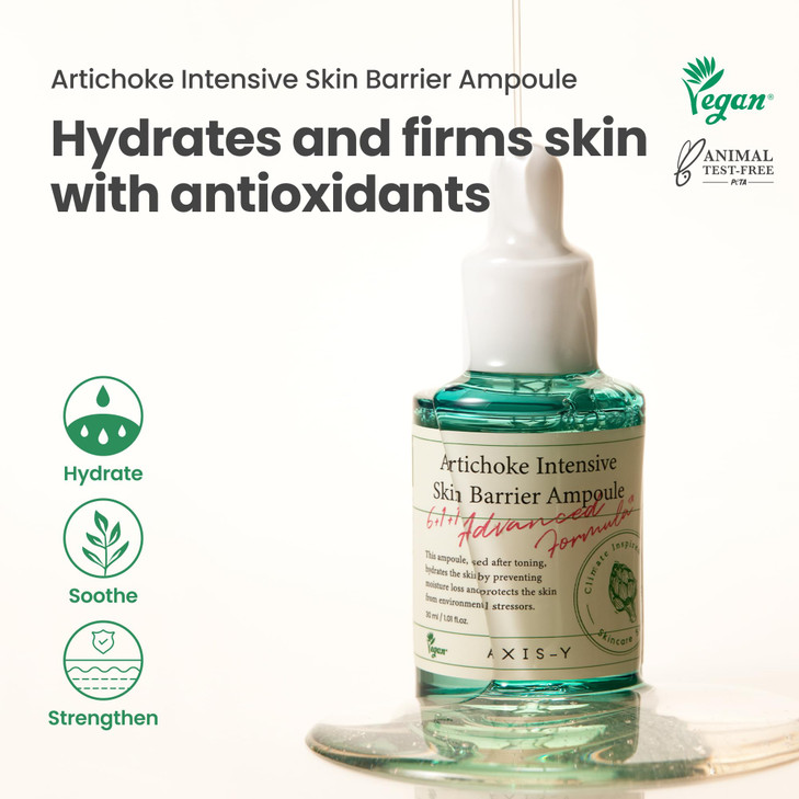 AXIS-Y Artichoke Intensive Skin Barrier Ampoule - Face Moisturizer Dark Spot Corrector Centella Ampoule - Vegan Korean Skin Care Facial Serum for All