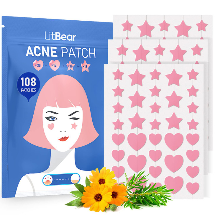 LitBear Acne Patch Pimple Patch, Pink Heart & Star Shaped Absorbing Cover Hydrocolloid Patches For Face Zit, Acne Dots, Tea Tree Oil + Centella (108