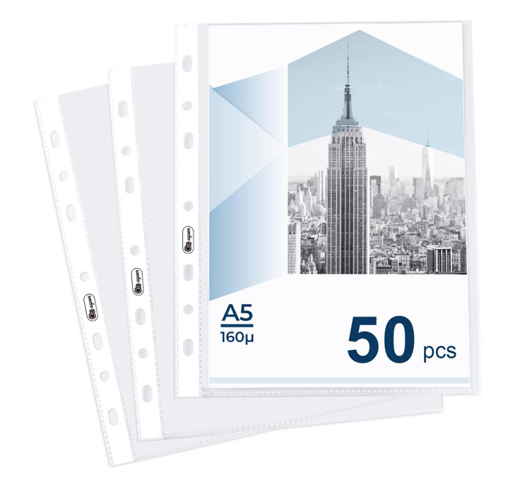 50 Page Sheet Protectors Non-Glare,A5 Glass Clear Punched Pocket,160 Micron Heavy Duty Binder Sleeves Reinforced 7-Hole,Acid-Free Top Loading Clear P