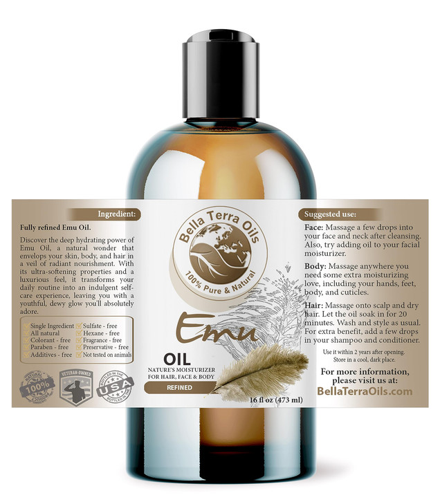 Bella Terra Oils - Emu Oil 16oz - The Ultimate Australian Emu Elixir, Packed with Essential Fatty Acids, Timeless Beauty's Secret Ingredient