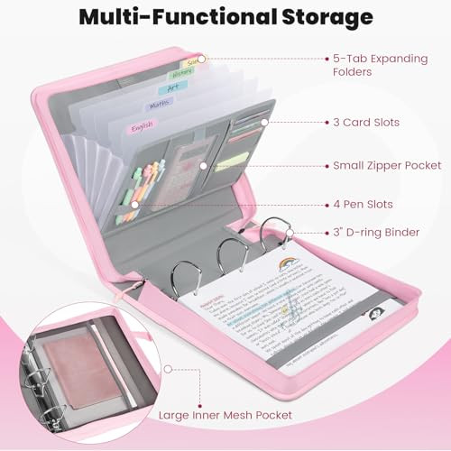 Sooez Zipper Binder 3 Ring, 3 Inch D-Ring, 700-Sheet Capacity, School Binder with Shoulder Strap & Handle, 5-Tab Expanding File Folder, Multi-Pocket