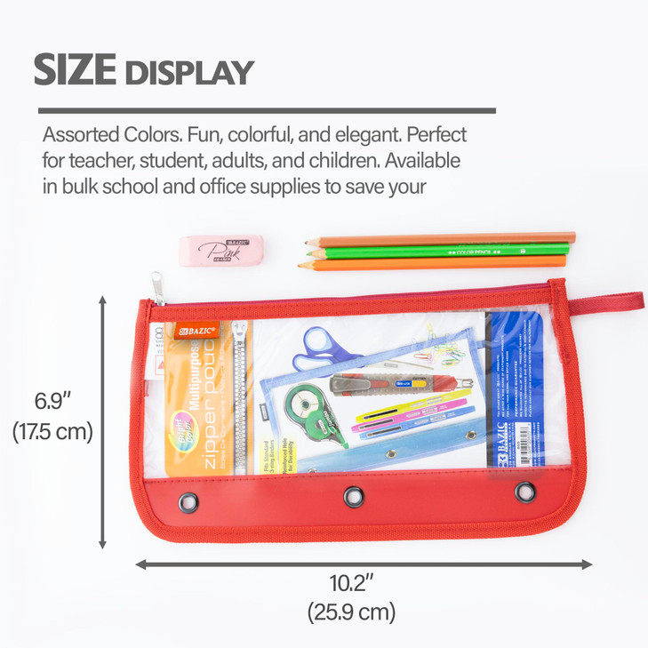 BAZIC Products Pencil Pouch 3 Ring Binder Pouch w/Rivet Enforced Rings Holes, 11.5"x6.5" Clear Color, Zipper Pouches Case Cosmetic Bag, 6-Pack