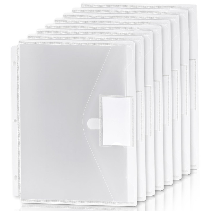 KTRIO Binder Pockets 8 Pack Clear, Super Heavyweight Plastic Folders with Hook and Loop Closure, 3 Holes Binder Organizer Side Loading, Extended Lett