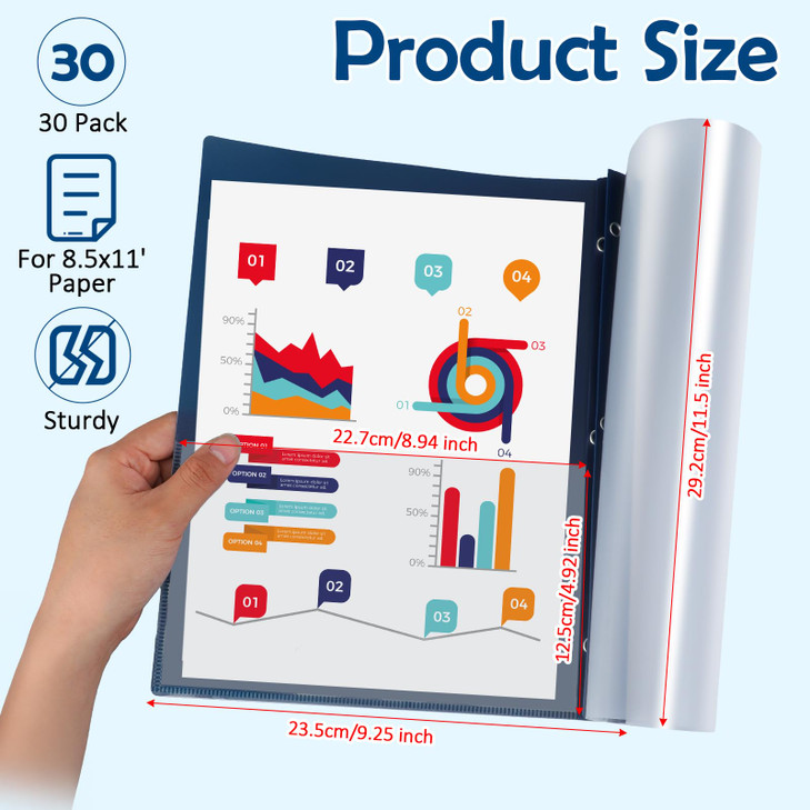 30 Pcs Clear Front Report Covers, Report Covers with 3-Prong Fasteners, Clear Front Presentation Folders for School Office Business, Navy Blue