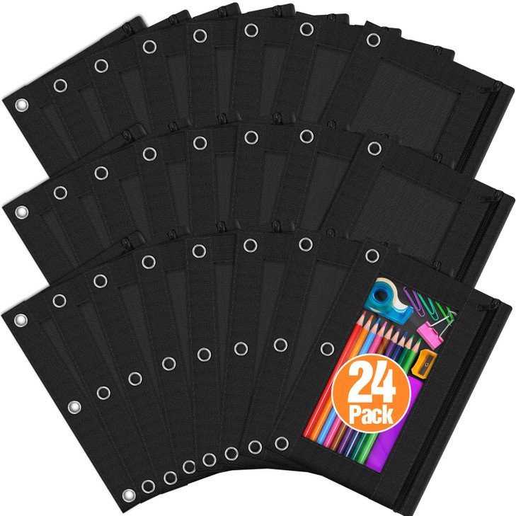 LURLIN Pencil Pouch for 3 Ring Binder, 24 Pack Pencil Bags with Zipper, Black Pencil Case for Classroom School Office Supplies, Large Sturdy and Dura