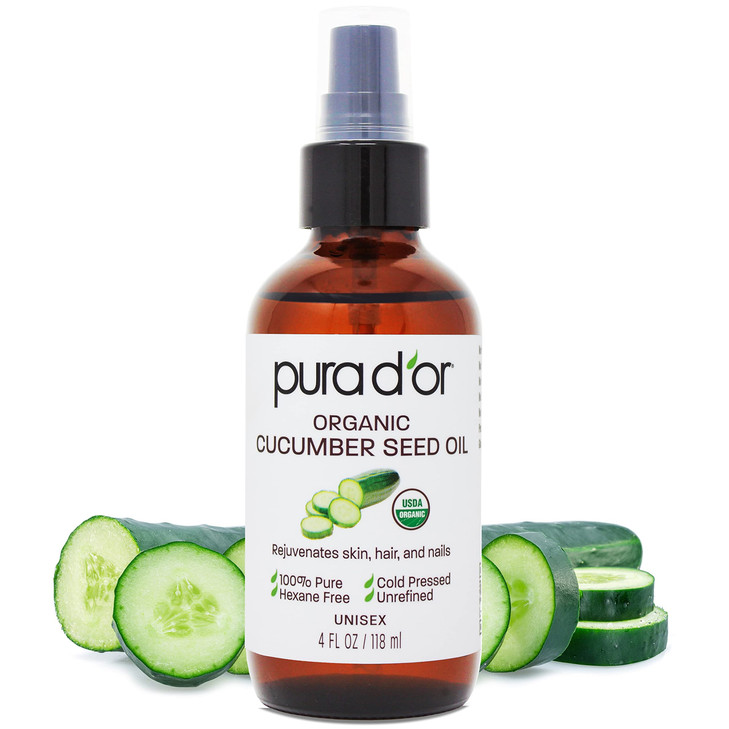 PURA D'OR 4 Oz Organic Cucumber Seed Oil100% Pure USDA Certified Premium Grade All Natural Moisturizer, Cold Pressed, Unrefined, Hexane-Free Base Car