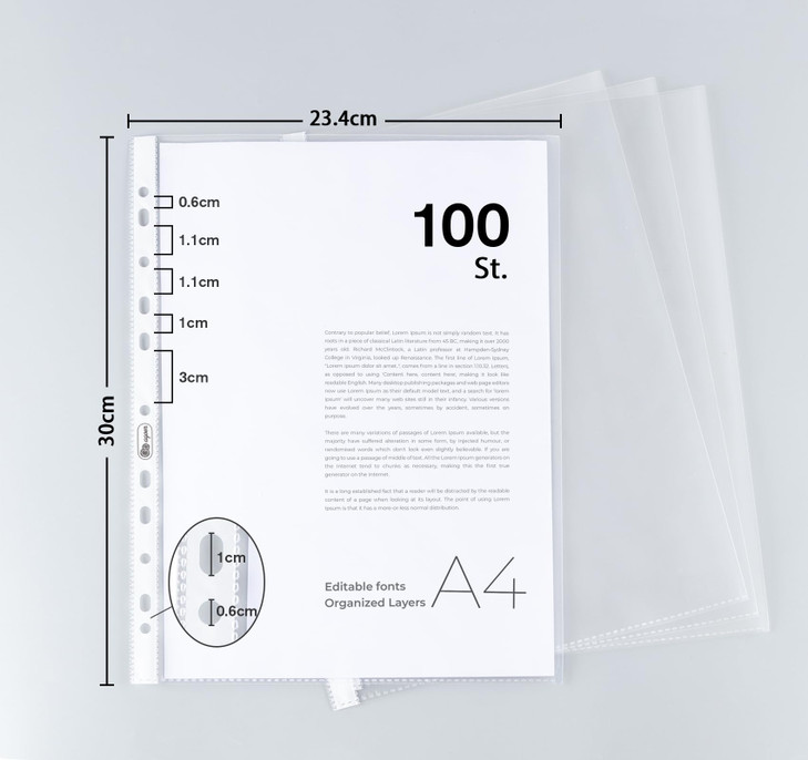 A4 Punched Pocket Top Loading 11.8 x 9.2in,100 Sheet Page Protectors,160 Micron Heavyweight Binder Pocket Paper File Binder Sleeves,Reinforced 11-Hol