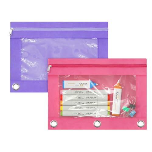 QSSRWNAO 2 Pack Pencil Pouch for 3 Ring Binder,Binder Pencil Pouch with Zipper,3 Ring Pencil Case with Clear Window,Big Capacity Pencil Bag for Offic