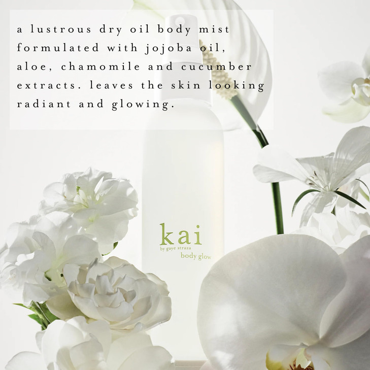 kai body glow, 4 Fl Oz, dry body oil with jojoba, chamomile, cucumber extracts, moisturizes and leaves a radiant glow with a fresh + clean fragrance,