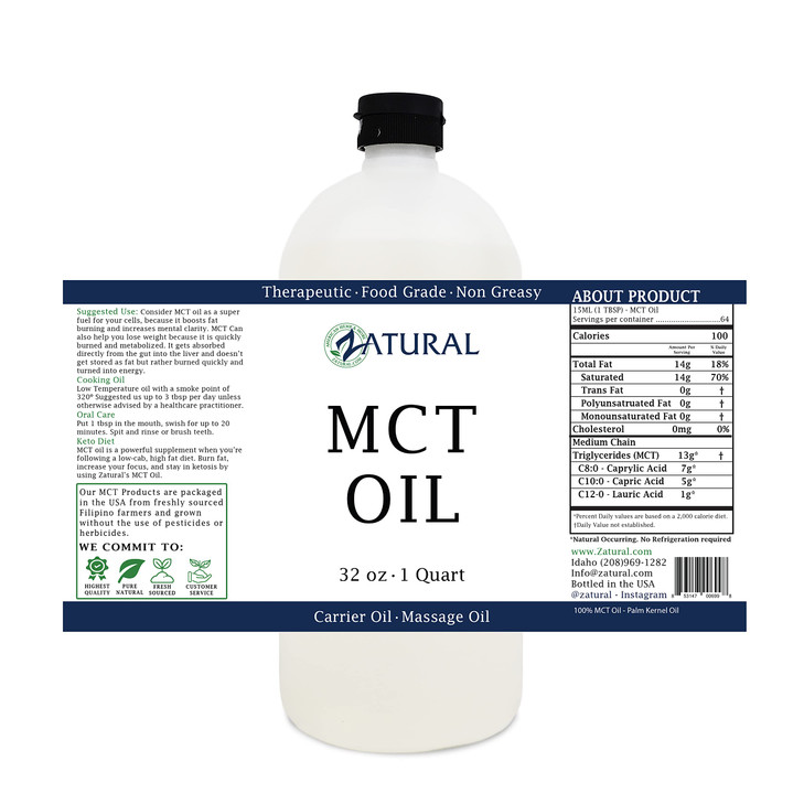 Pure MCT Oil, Carrier Oil, Massage Oil, Hydrating Oil, Hair Oil, Food and Therapeutic Grade, 32 Oz