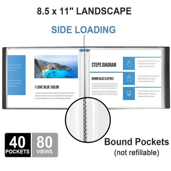 8.5 x 11 Landscape Binder with Sleeves- 40 Pocket Presentation Book Displays 80 Page 8.5" x 11" Letter Size Papers, Horizontal Sheet Protector Portfo