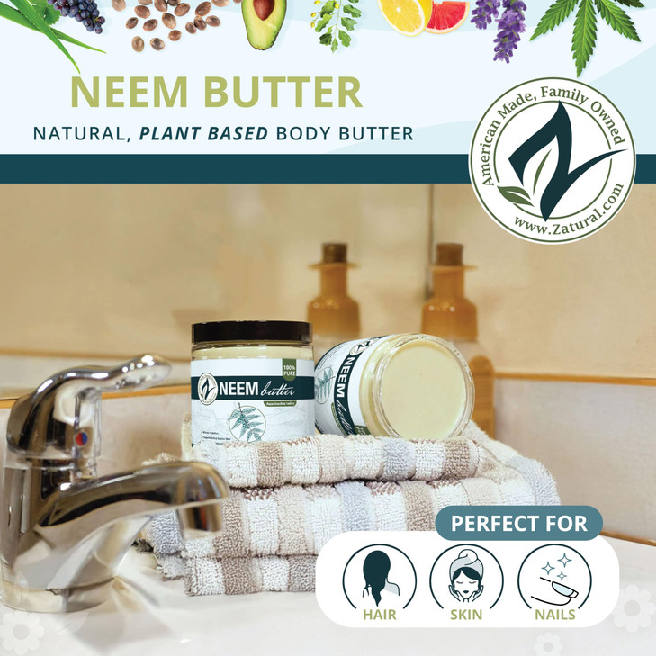 Organic Neem Butter-Coconut Oil, Neem Oil, Neem Leaf, Marula Oil, Kokum Butter, Rosemary, For Sensitive Skin, Itchy Skin, 8 oz.
