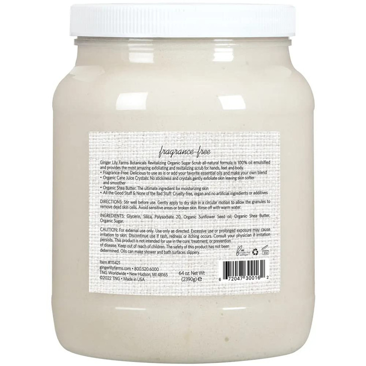 Ginger Lily Farms Botanicals Revitalizing Organic Sugar Scrub, All-Natural Skin Exfoliating Sugar Crystals, 100% Vegan & Cruelty-Free, Fragrance-Free