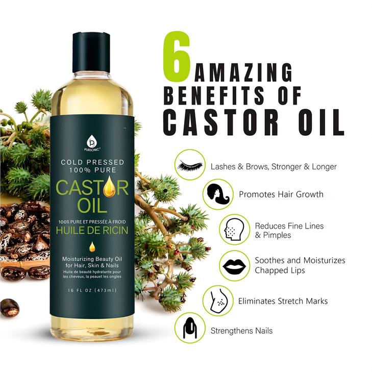 Pursonic Castor Oil (16oz) Cold-Pressed, 100% Pure, Hexane-Free Castor Oil-Moisturizing & Healing, For Dry Skin, Hair Growth - For Skin, Hair Care, E