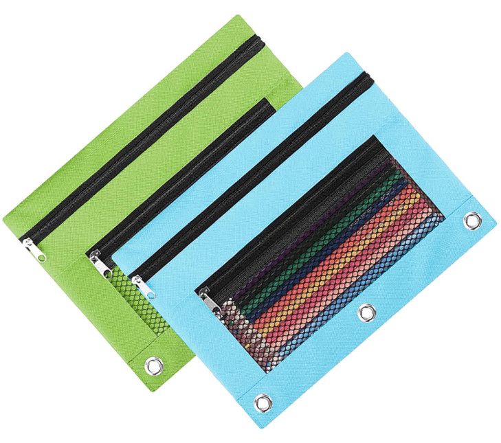 PUPCONE Pencil Pouch, 3 Ring Binder Pencil Bag with Large Capacity, Zipper Pulls Double Pockets Pencil Case with 3 Binder Hole and Mesh Window (Light