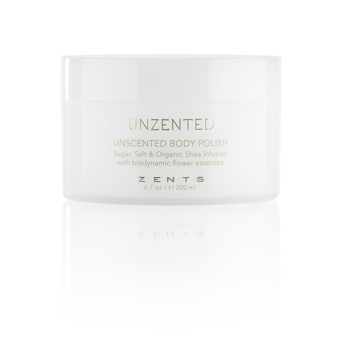ZENTS Body Polish, Exfoliating Salt & Sugar Body Scrub with Organic Shea Butter, Unzented Fragrance Free for Sensitive Skin, 6.7 oz