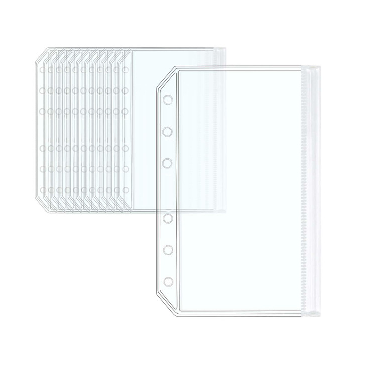 AxeWoodz 12pcs A5 Binder Pockets Clear PVC Cash Envelopes 6 Holes Binder Zipper Pouch Loose Leaf Folders Binder Inserts for Budgeting