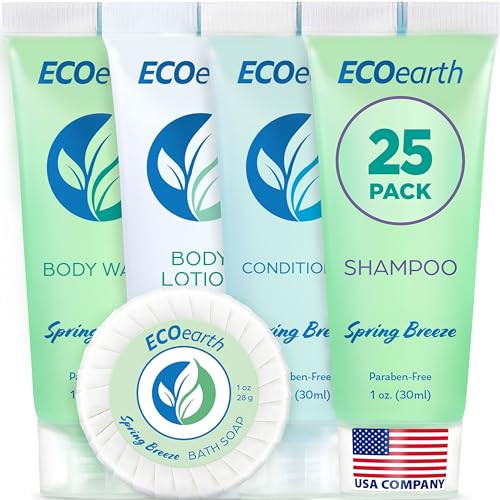EcoEarth Hotel Toiletries Bundle (Spring Breeze, 1 oz Each, 125 Pieces) 5-Piece Set: 25 Each Round Bar Soap, Shampoo, Conditioner, Body Lotion & Body