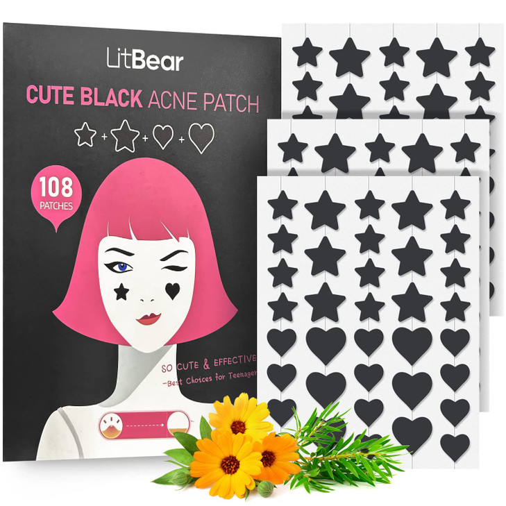 LitBear Acne Patch Pimple Patch, Black Star & Heart Shaped Acne Absorbing Cover Patch, Hydrocolloid Acne Patches For Face Zit Patch Pimple Sticker Ac