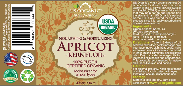 US Organic Apricot Kernel Oil, USDA Certified Organic,100% Pure & Natural, Cold Pressed Virgin, Unrefined in Amber Glass Bottle w/Glass Eyedropper fo