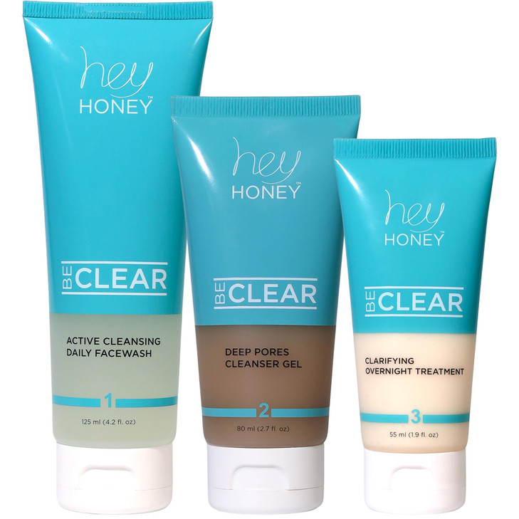 Hey Honey BE CLEAR Acne Skincare Routine: Daily Facewash, Deep Pore Cleanser & Clarifying Overnight Treatment | Natural Formula with Propolis, Squala