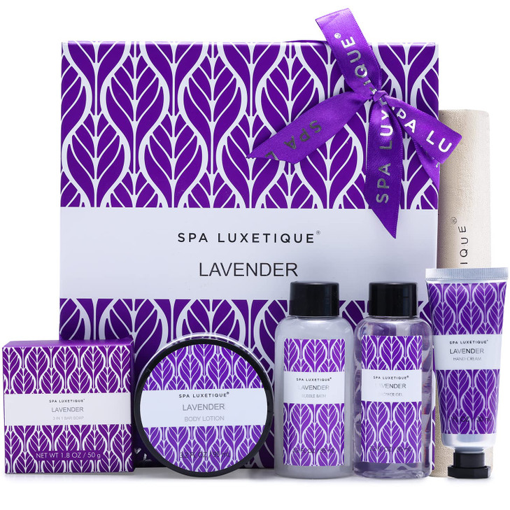 Spa Luxetique Lavender Spa Set, Bath Set for Women Gift, Relaxing Home Spa Kits Includes Body Lotion, Shower Gel, Bubble Bath, Hand Cream, Birthday G