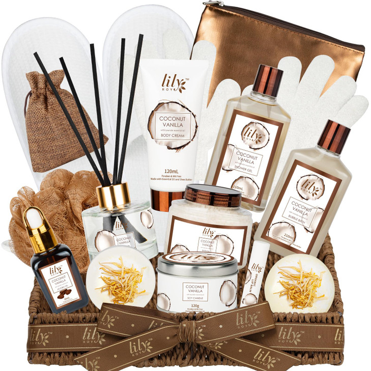 Valentines Day Gifts Bath and Body Gift Basket Set for Women - Coconut Vanilla Gift, Spa Gift Basket 17-Piece Bath Gift Set Self Care Gift for Mother