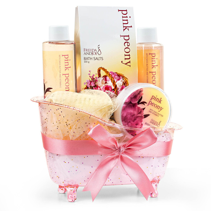 Home Spa Gift Basket Peony Spa Set For Women, Contains Shower Gel, Bubble Bath, Body Lotion, Peony Bath Salt & Puff in a Pink Feminine Tub  Mother's