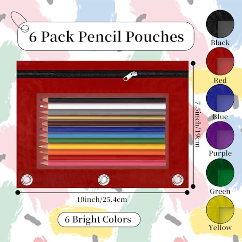 Pencil Pouch for 3 Ring Binder, 6 Pack Multicolors Zipper Pencil Pouches, Clear Window Pencil Case for Binder, 3 Hole Pen Pouch Bulk, Pencil Bag with