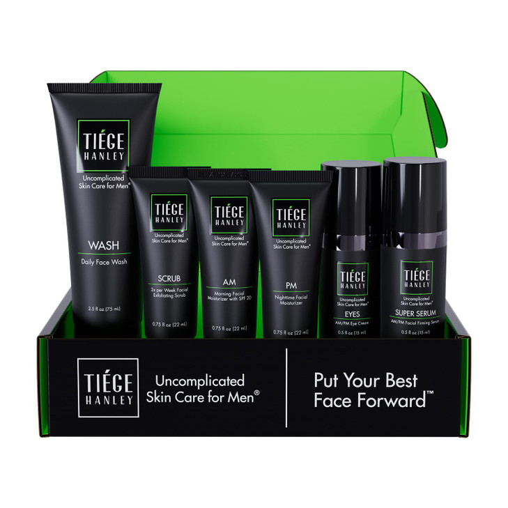 Tiege Hanley Skin Care Set for Men, Anti Aging Routine, System Level 3, Daily Face Wash, Facial Scrub, Two Moisturizers, Eye Cream, and Serum for Hea
