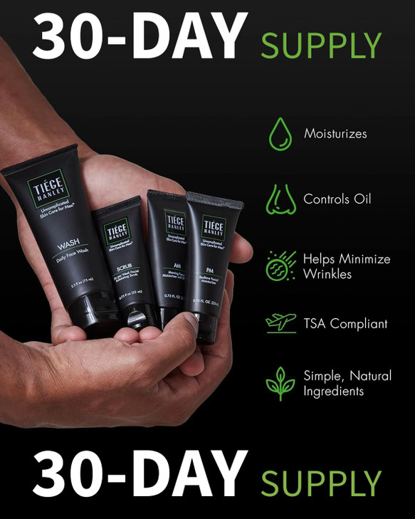 Tiege Hanley Skin Care Set for Men, Essential Routine, System Level 1, Daily Face Wash, Facial Scrub, Moisturizer With SPF, and Night Cream for Healt