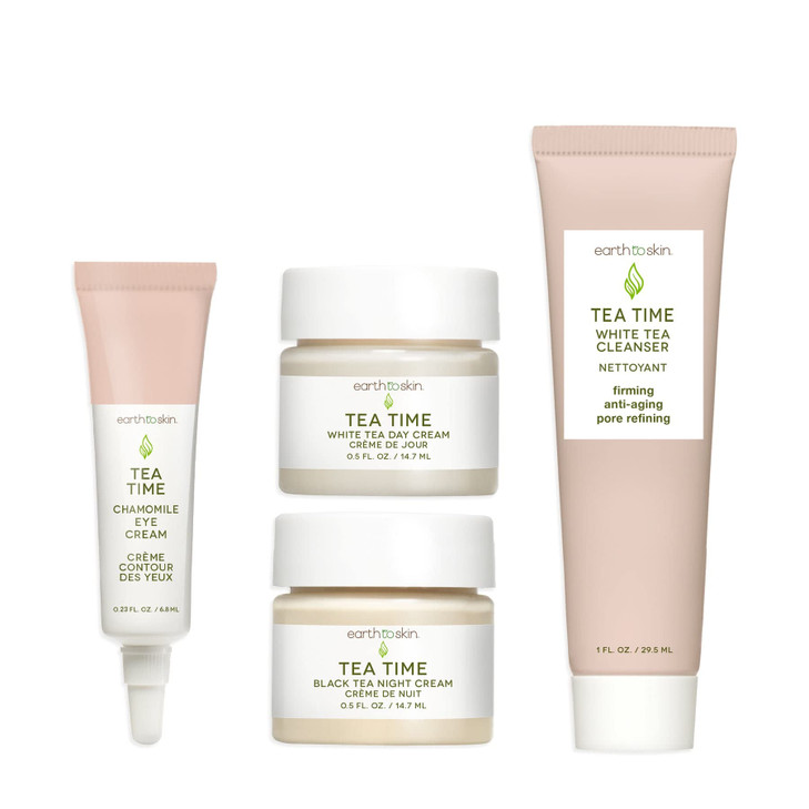 Earth To Skin Tea Time Starter Set: White Tea Cleanser (1.0 Fl Oz), White Tea Day Cream (0.5 Fl Oz), Black Tea Night Cream (0.5 Fl Oz), Chamomile Eye